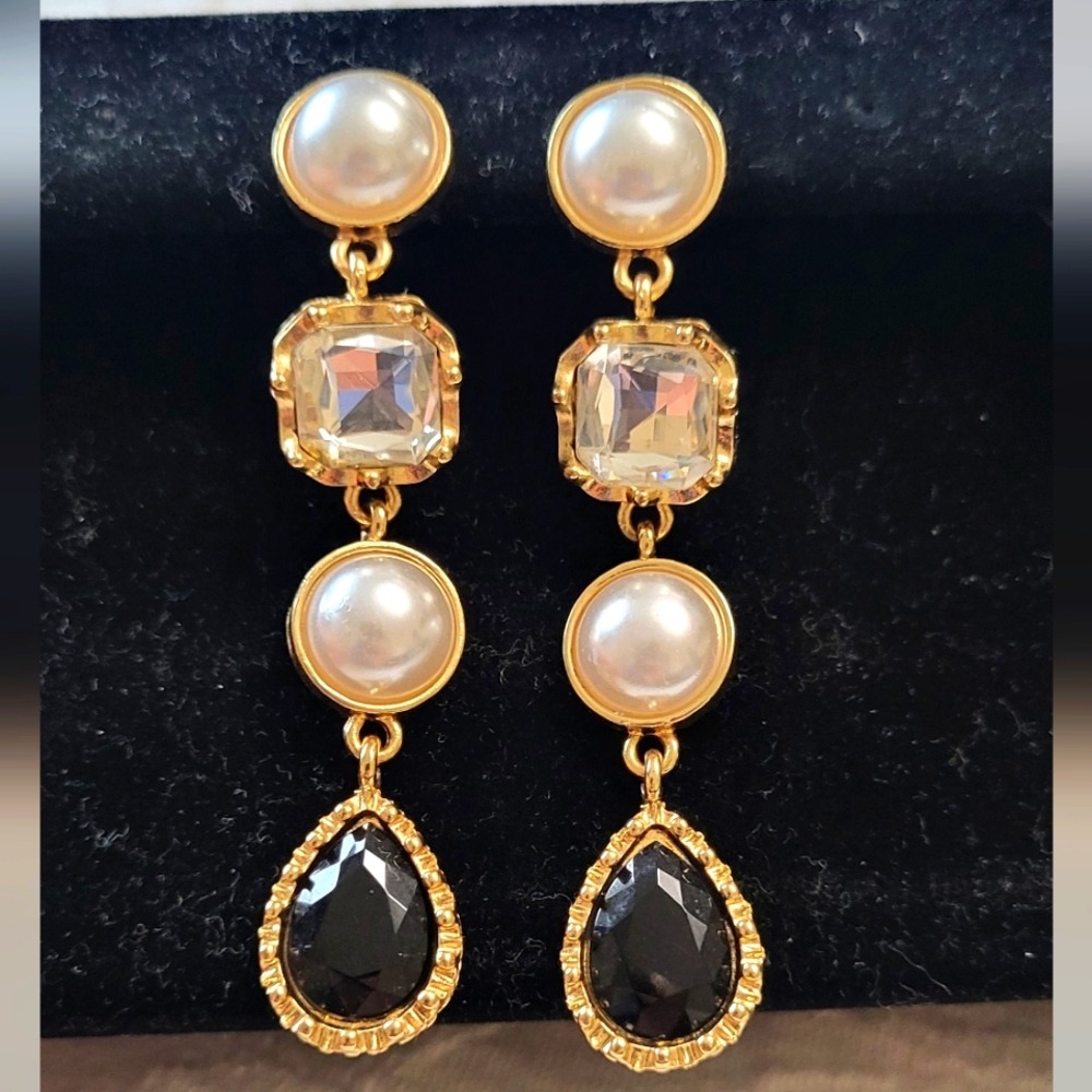 Gold-toned Drop Earrings Pearls Clear Square Crystals, Black Teardrop Stones